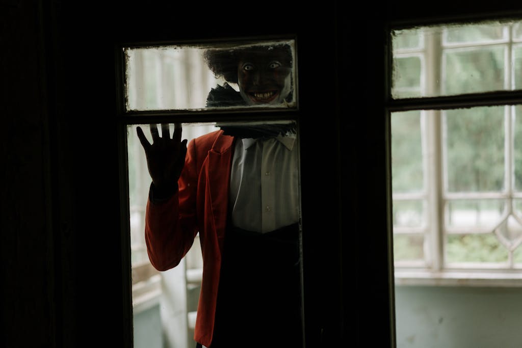 Terrifying figure in costume peering through glass door, evoking suspense and horror.